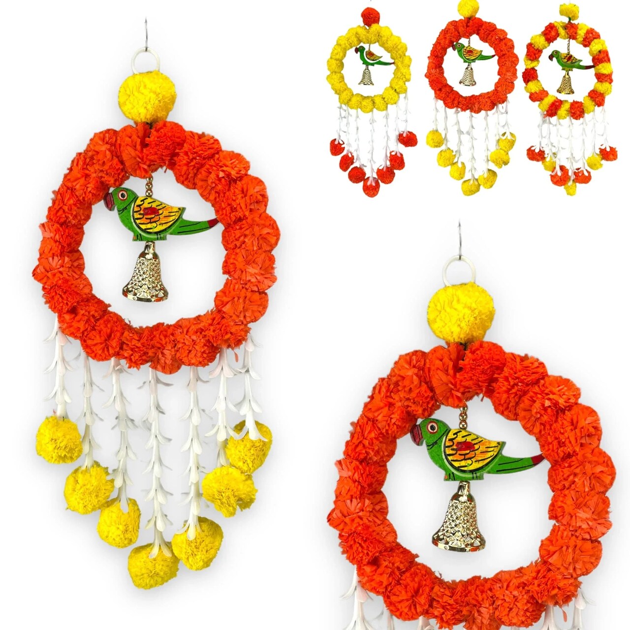 Pack of 1 Parrot Marigold Hanging Jhoomer Marigold Wall Hanging Artificial Flowers Wedding Garland Pooja Backdrop Indian Mehndi Decor Diwali Decor Latkan